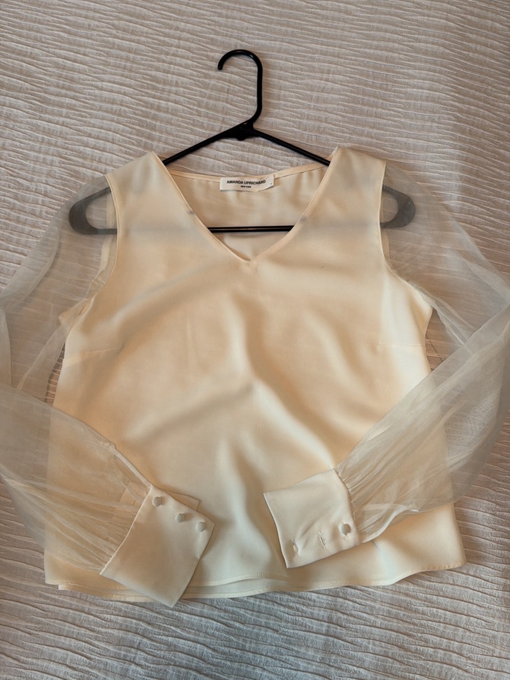 Amanda Uprichard Cream V-Neck Top with Sheer Long Sleeves